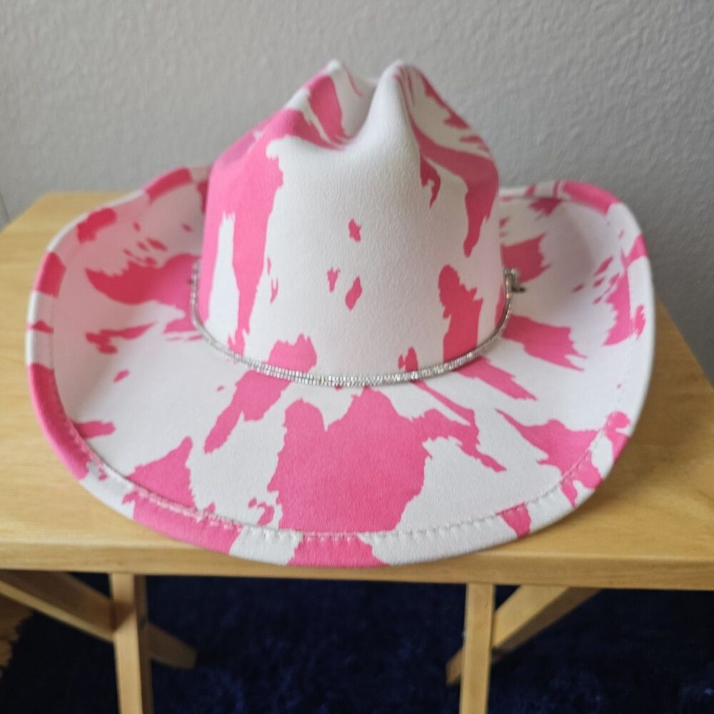 Pink Cow Print Cowboy Hat Western Cowgirl Festival Rodeo Adjustable Strap NWT